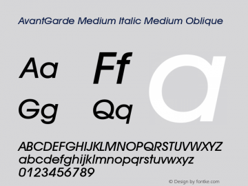 AvantGarde Medium Italic Medium Oblique mfgpctt-v1.53 Friday, January 29, 1993 11:44:02 am (EST) Font Sample