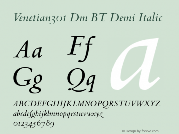 Venetian301 Dm BT Demi Italic mfgpctt-v1.59 Friday, March 5, 1993 1:44:25 pm (EST) Font Sample