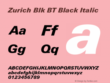Zurich Blk BT Black Italic mfgpctt-v4.4 Dec 17 1998 Font Sample