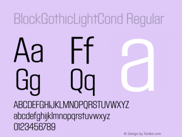 BlockGothicLightCond Regular 4/14/99   v1.0 EURO Font Sample