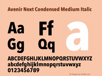 Avenir Next Condensed Medium Italic 8.0d5e4 Font Sample