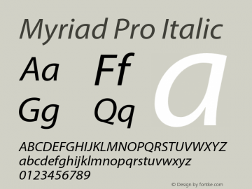 Myriad Pro Italic Version 2.103;PS 2.000;hotconv 1.0.68;makeotf.lib2.5.35818 Font Sample