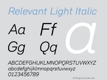 Relevant Light Italic Version 2.004 2011 Font Sample