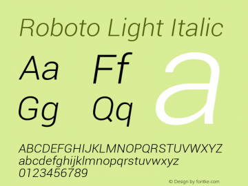 Roboto Light Italic Version 1.00000; 2011 Font Sample