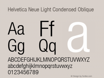 Helvetica Neue Light Condensed Oblique Version 001.000 Font Sample