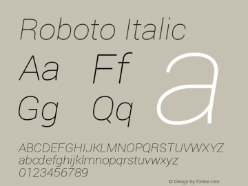 Roboto Italic Version 1.000002; 2013; ttfautohint (v0.94.14-c901) -l 8 -r 50 -G 200 -x 14 -w 
