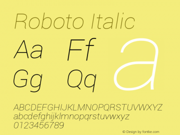 Roboto Italic Version 1.000002; 2013; ttfautohint (v0.94.14-c901) -l 8 -r 50 -G 200 -x 14 -w 