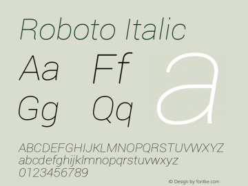 Roboto Italic Version 1.000002; 2013; ttfautohint (v0.94.14-c901) -l 8 -r 50 -G 200 -x 14 -w 
