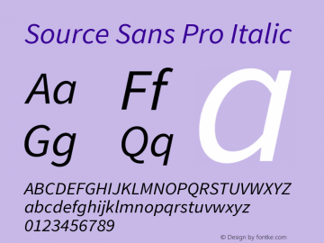 Source Sans Pro Italic Version 1.050;PS 1.000;hotconv 1.0.70;makeotf.lib2.5.5900 Font Sample