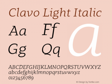 Clavo Light Italic Version 1.002;PS 001.002;hotconv 1.0.70;makeotf.lib2.5.58329 Font Sample