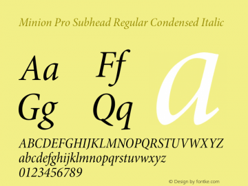 Minion Pro Subhead Regular Condensed Italic Version 2.030;PS 2.000;hotconv 1.0.51;makeotf.lib2.0.18671 Font Sample
