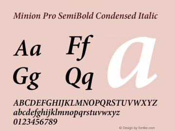 Minion Pro SemiBold Condensed Italic Version 2.068;PS 2.000;hotconv 1.0.57;makeotf.lib2.0.21895 Font Sample