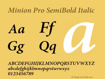 Minion Pro SemiBold Italic Version 2.068;PS 2.000;hotconv 1.0.57;makeotf.lib2.0.21895 Font Sample
