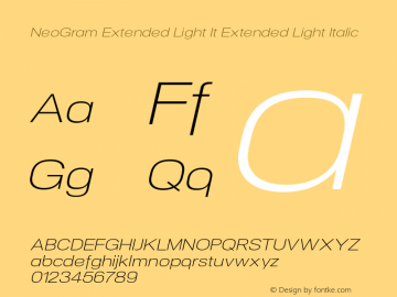 NeoGram Extended Light It Extended Light Italic Version 1.001;PS 001.001;hotconv 1.0.56;makeotf.lib2.0.21325;com.myfonts.northernblock.neo-gram.ext-light-ital.wfkit2.3PLV Font Sample