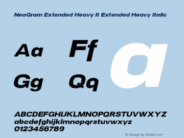 NeoGram Extended Heavy It Extended Heavy Italic Version 1.001;PS 001.001;hotconv 1.0.56;makeotf.lib2.0.21325;com.myfonts.northernblock.neo-gram.ext-heavy-ital.wfkit2.3PLY Font Sample