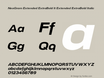 NeoGram Extended ExtraBold It Extended ExtraBold Italic Version 1.001;PS 001.001;hotconv 1.0.56;makeotf.lib2.0.21325;com.myfonts.northernblock.neo-gram.ext-extra-bold-ital.wfkit2.3PMp Font Sample