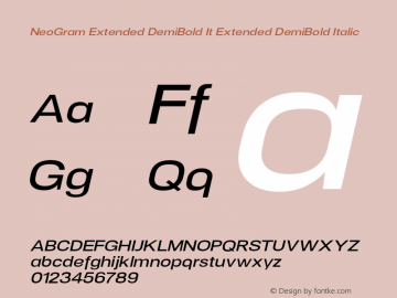 NeoGram Extended DemiBold It Extended DemiBold Italic Version 1.001;PS 001.001;hotconv 1.0.56;makeotf.lib2.0.21325;com.myfonts.northernblock.neo-gram.ext-demi-bold-ital.wfkit2.3PM9 Font Sample