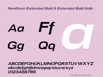 NeoGram Extended Bold It Extended Bold Italic Version 1.001;PS 001.001;hotconv 1.0.56;makeotf.lib2.0.21325;com.myfonts.northernblock.neo-gram.ext-bold-ital.wfkit2.3PMn Font Sample