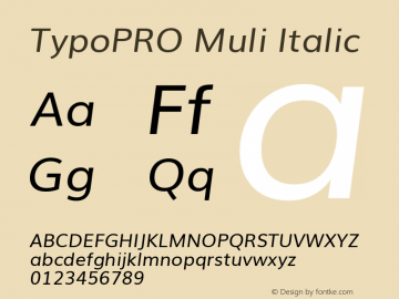 TypoPRO Muli Italic Version 2.0; ttfautohint (v1.00rc1.2-2d82) -l 8 -r 50 -G 200 -x 0 -D latn -f none -w G -W Font Sample