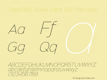 TypoPRO Sinkin Sans 100 Thin Italic Sinkin Sans (version 1.0)  by Keith Bates   •   © 2014   www.k-type.com Font Sample