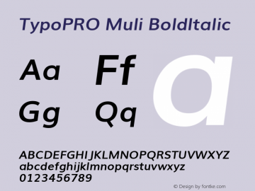 TypoPRO Muli BoldItalic Version 2.0; ttfautohint (v1.00rc1.2-2d82) -l 8 -r 50 -G 200 -x 0 -D latn -f none -w G -W Font Sample