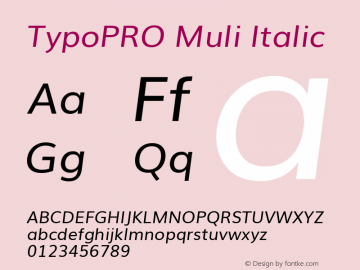 TypoPRO Muli Italic Version 2.0; ttfautohint (v1.00rc1.2-2d82) -l 8 -r 50 -G 200 -x 0 -D latn -f none -w G -W Font Sample