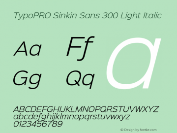 TypoPRO Sinkin Sans 300 Light Italic Sinkin Sans (version 1.0)  by Keith Bates   •   © 2014   www.k-type.com Font Sample