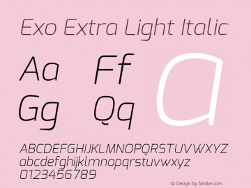 Exo Extra Light Italic Version 1.00 ; ttfautohint (v0.94) -l 8 -r 50 -G 200 -x 14 -w 