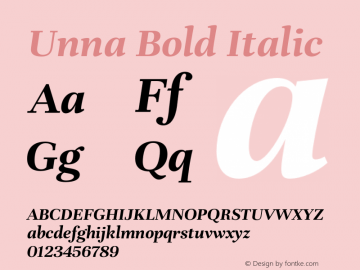 Unna Bold Italic Version 2.006;PS 002.006;hotconv 1.0.70;makeotf.lib2.5.58329 Font Sample