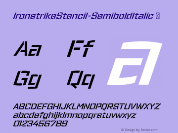 IronstrikeStencil-SemiboldItalic ☞ Version 1.001;PS 001.001;hotconv 1.0.70;makeotf.lib2.5.58329;com.myfonts.dunwich.ironstrike.stencil-semibold-italic.wfkit2.4b7z图片样张