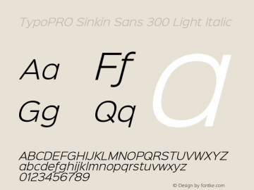 TypoPRO Sinkin Sans 300 Light Italic Sinkin Sans (version 1.0)  by Keith Bates   •   © 2014   www.k-type.com Font Sample