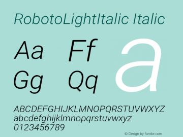 RobotoLightItalic Italic Version 2.001151; 2014 Font Sample