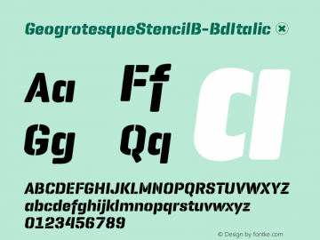 GeogrotesqueStencilB-BdItalic ☞ Version 2.000;PS 2.0;hotconv 1.0.72;makeotf.lib2.5.5900;com.myfonts.easy.emtype.geogrotesque-stencil-italic.b-bold.wfkit2.version.4mPG Font Sample