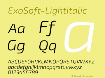 ExoSoft-LightItalic ☞ Version 1.001;PS 001.001;hotconv 1.0.70;makeotf.lib2.5.58329;com.myfonts.easy.ndiscovered.exo-soft.light-italic.wfkit2.version.4p94图片样张