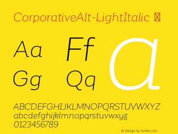 CorporativeAlt-LightItalic ☞ Version 1.000;PS 001.000;hotconv 1.0.70;makeotf.lib2.5.58329;com.myfonts.easy.latinotype.corporative.alt-light-italic.wfkit2.version.4px9 Font Sample