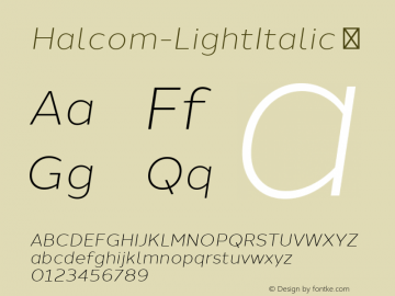 Halcom-LightItalic ☞ Version 1.000;PS 001.000;hotconv 1.0.70;makeotf.lib2.5.58329;com.myfonts.easy.northernblock.halcom.light-italic.wfkit2.version.4qde Font Sample