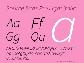 Source Sans Pro Light Italic Version 1.065;PS Version 2.0;hotconv 1.0.78;makeotf.lib2.5.61930 Font Sample