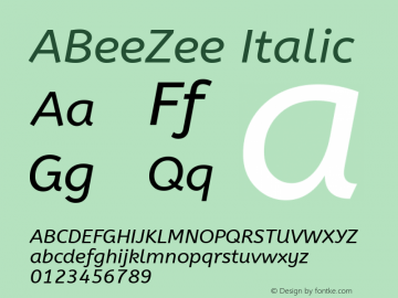ABeeZee Italic Version 1.002; ttfautohint (v1.4.1) Font Sample
