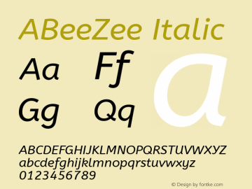 ABeeZee Italic Version 1.002; ttfautohint (v1.4.1)图片样张