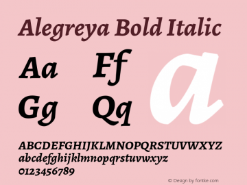 Alegreya Bold Italic Version 1.003; ttfautohint (v1.4.1) Font Sample