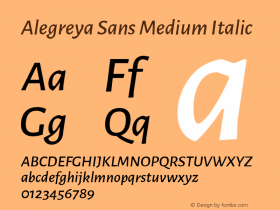 Alegreya Sans Medium Italic Version 1.000;PS 001.000;hotconv 1.0.70;makeotf.lib2.5.58329 DEVELOPMENT; ttfautohint (v1.4.1) Font Sample