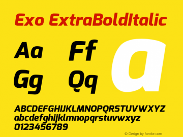 Exo ExtraBoldItalic Version 1.00 ; ttfautohint (v1.4.1) Font Sample