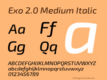 Exo 2.0 Medium Italic Version 1.001;PS 001.001;hotconv 1.0.70;makeotf.lib2.5.58329; ttfautohint (v1.4.1) Font Sample