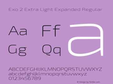 Exo 2 Extra Light Expanded Regular Version 1.001;PS 001.001;hotconv 1.0.70;makeotf.lib2.5.58329; ttfautohint (v1.4.1) Font Sample