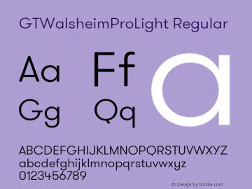 GTWalsheimProLight Regular Version 1.001 Font Sample