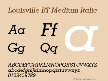 Louisville BT Medium Italic mfgpctt-v1.52 Tuesday, January 26, 1993 9:26:47 am (EST) Font Sample