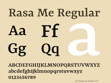 Rasa Me Regular Version 1.000;PS 1.000;hotconv 1.0.88;makeotf.lib2.5.647800; ttfautohint (v1.3.34-f4db) Font Sample