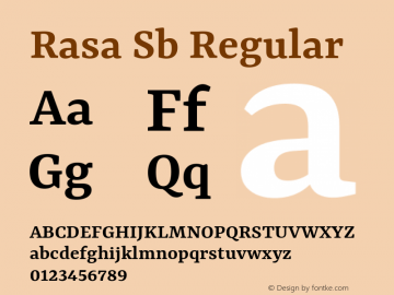 Rasa Sb Regular Version 1.000;PS 1.000;hotconv 1.0.88;makeotf.lib2.5.647800; ttfautohint (v1.3.34-f4db) Font Sample