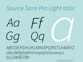 Source Sans Pro Light Italic Version 1.050;PS Version 1.000;hotconv 1.0.70;makeotf.lib2.5.5900 Font Sample