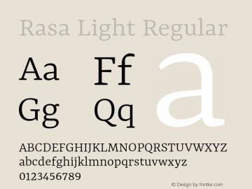 Rasa Light Regular Version 1.001;PS 1.1;hotconv 1.0.88;makeotf.lib2.5.647800 Font Sample